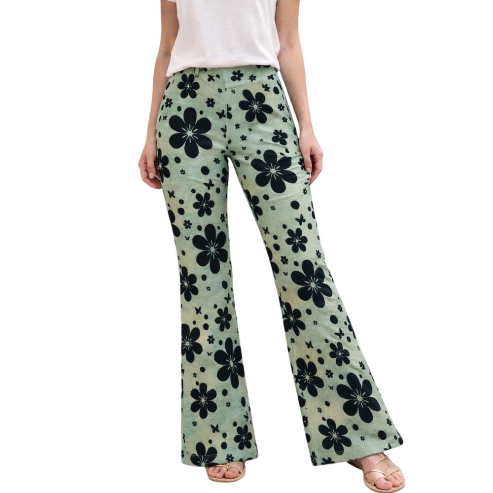 Urban Outfitters Green Floral Flare Pull On Pants Md 70s Style Retro Boho Hippie